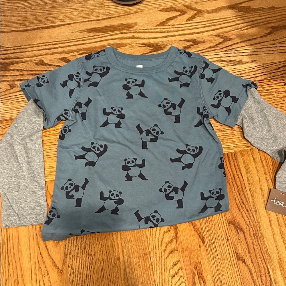 Tea Collection Panda Print Long Sleeve Tee - Blue and Gray